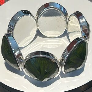 #18 Silvertone Flex Bracelet Green Stones